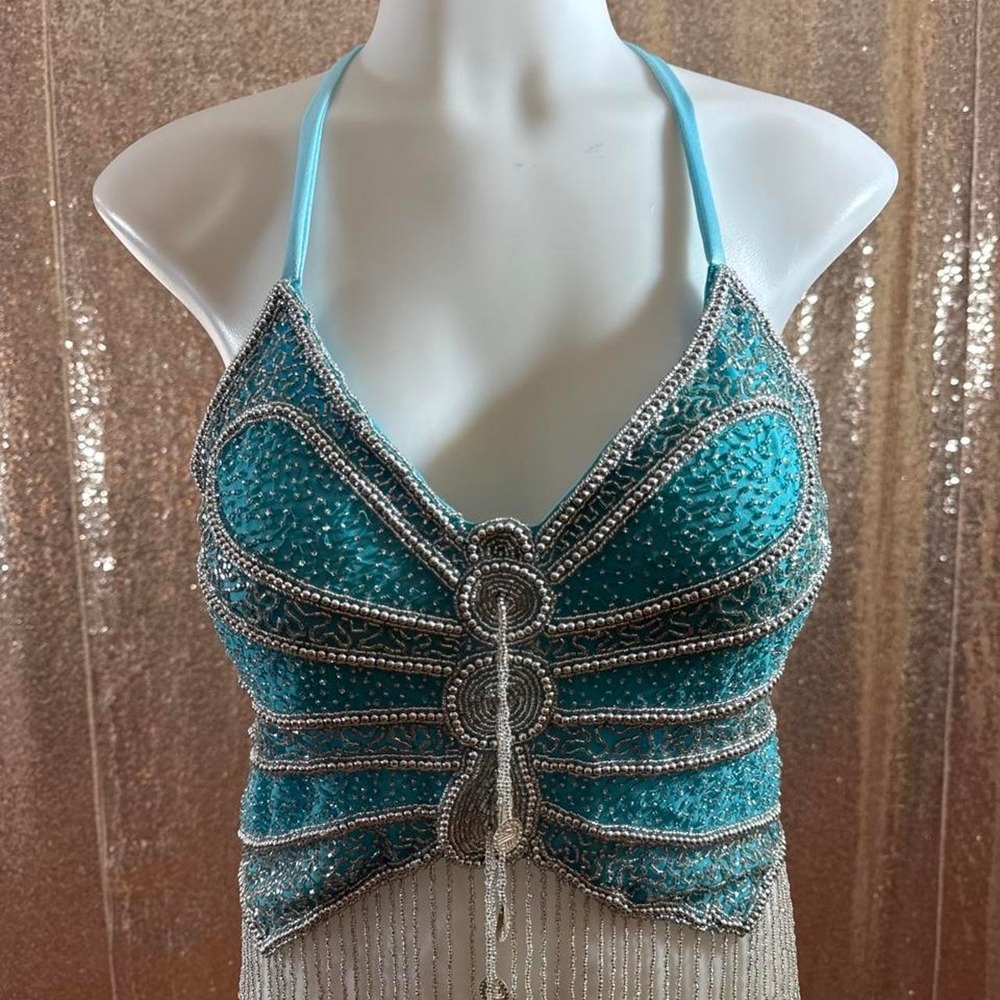 Turquoise Silver Beaded Butterfly Halter Top Fringe Festival Fairy/One Size